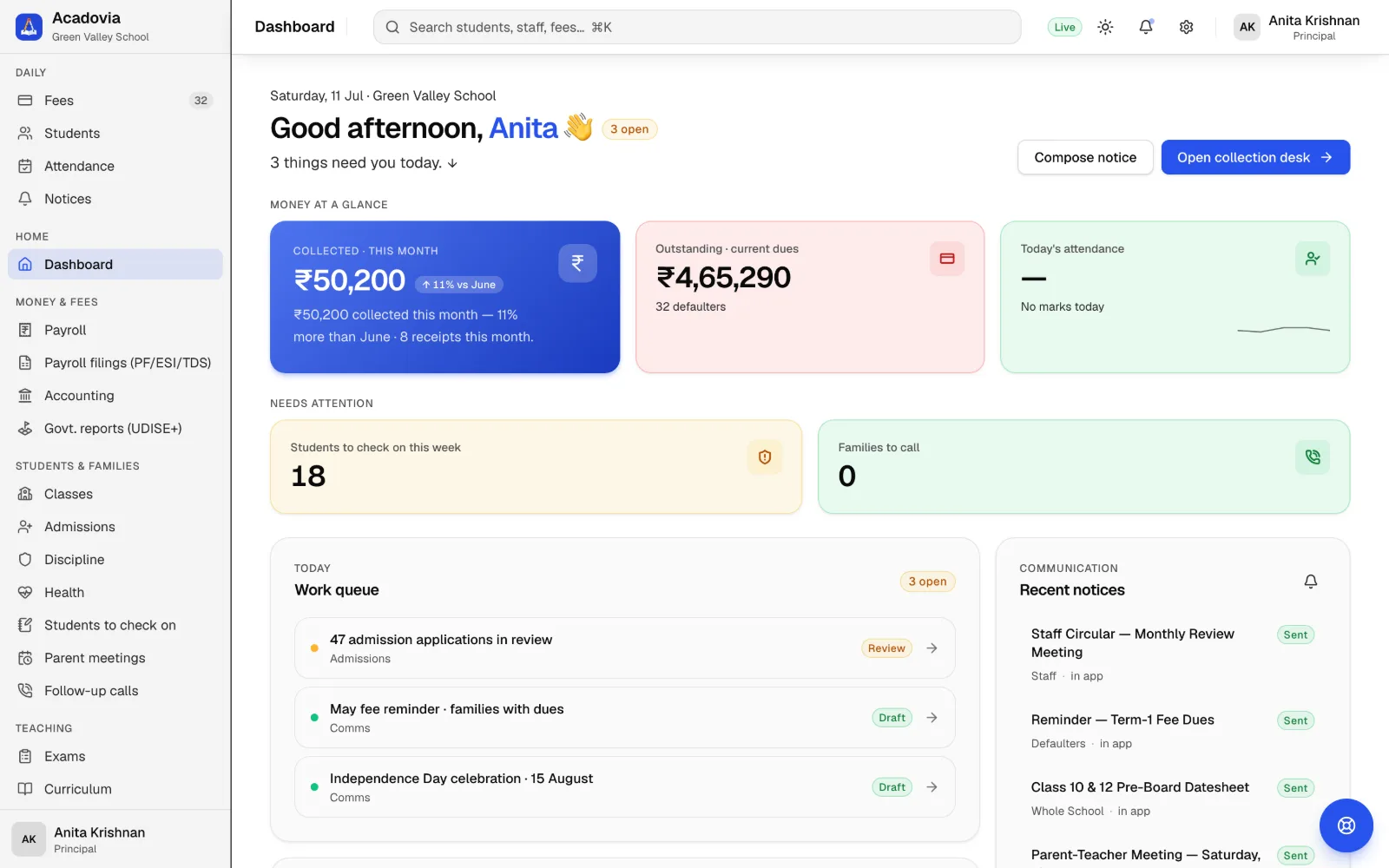 The Acadovia school ERP dashboard